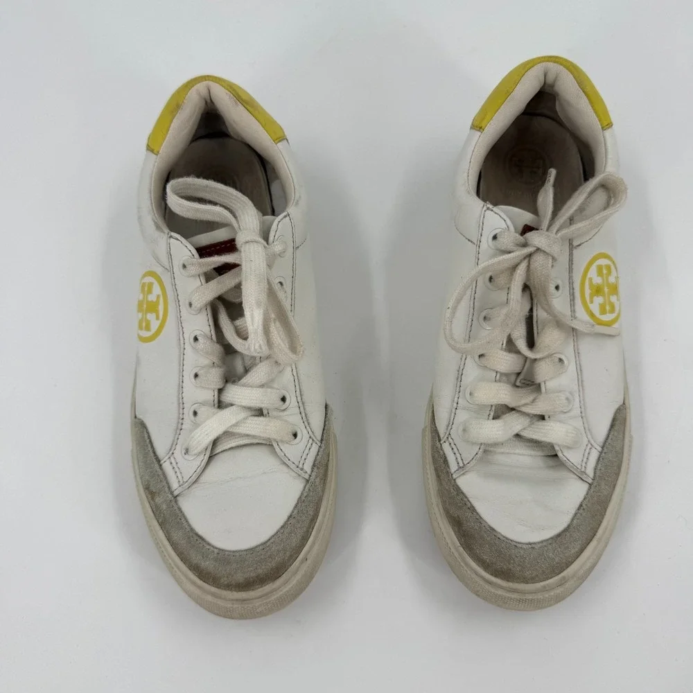 Tory Burch Bari Nappa Sneakers Womens 7 White Gray Leather Athletic Lace Up